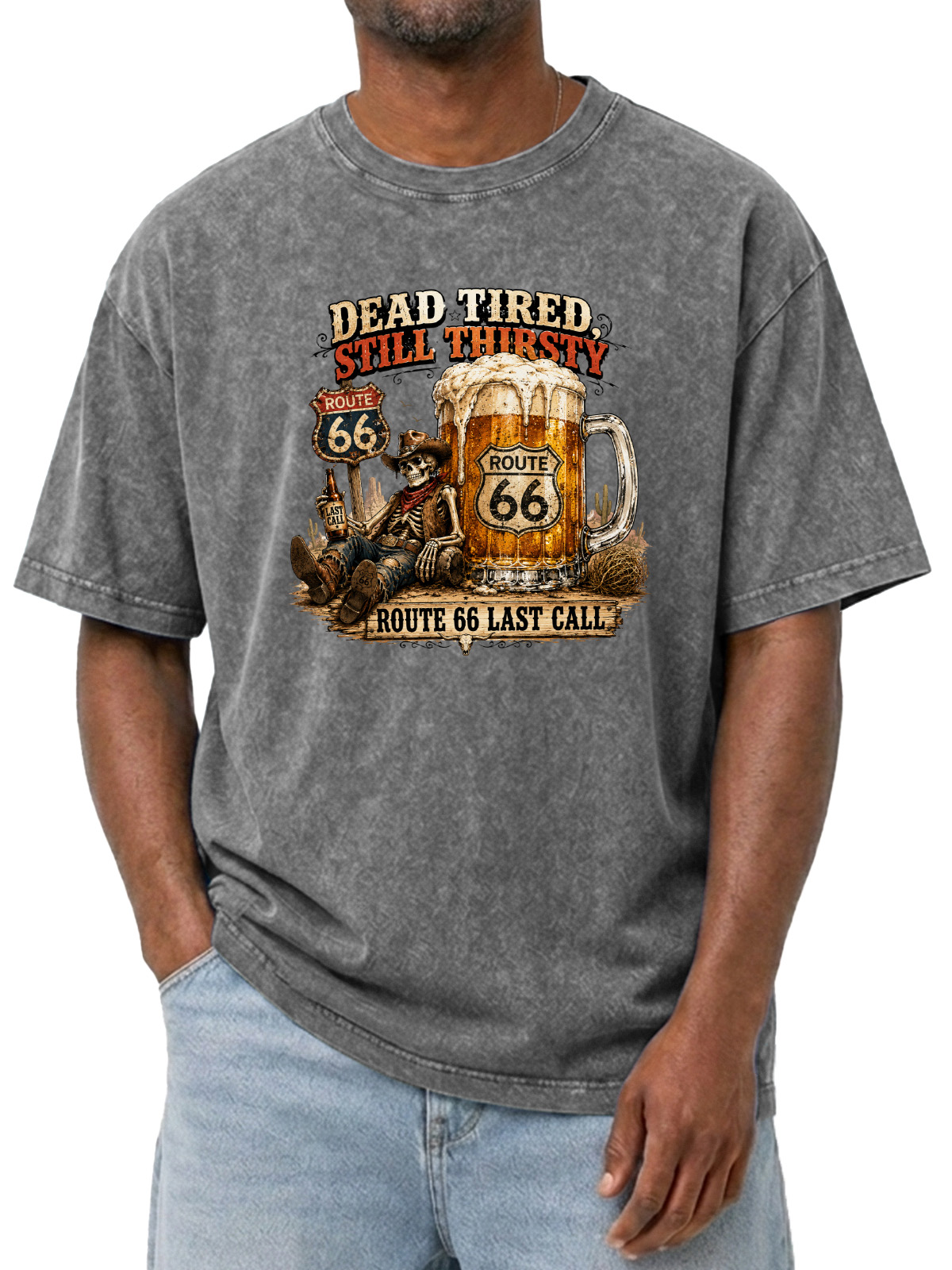 Vintage Fun Skull Beer Wash Cotton T-Shirt