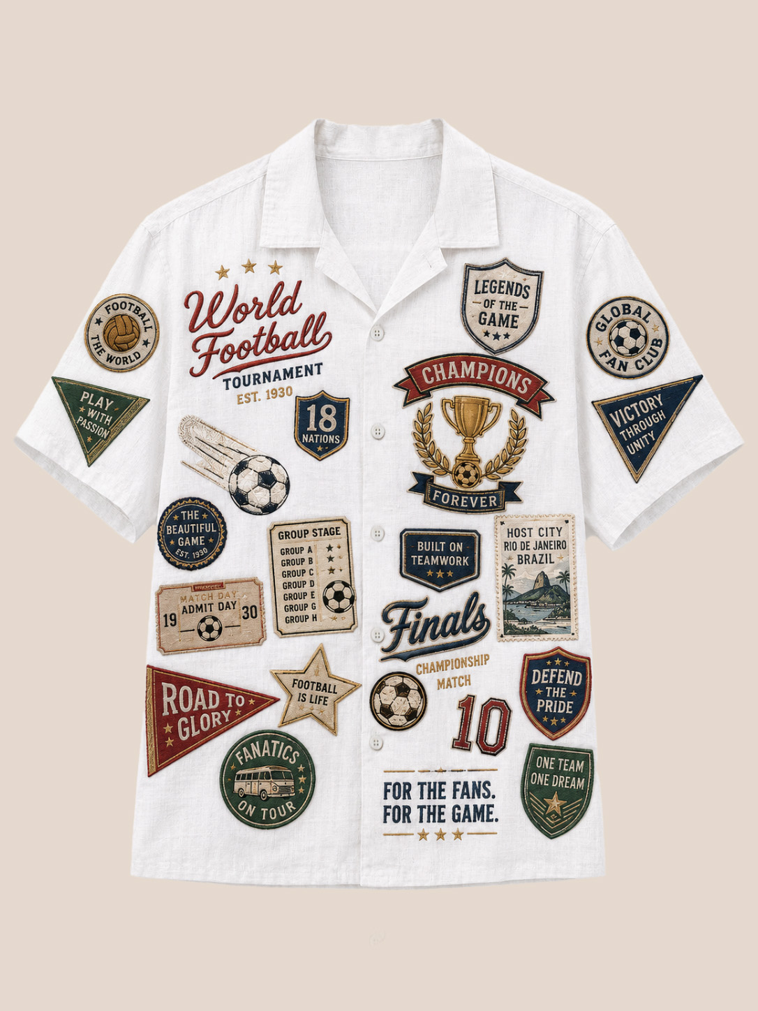 Men’s Light Blue World Football Tournament Patch Print Cuban Collar Shirt