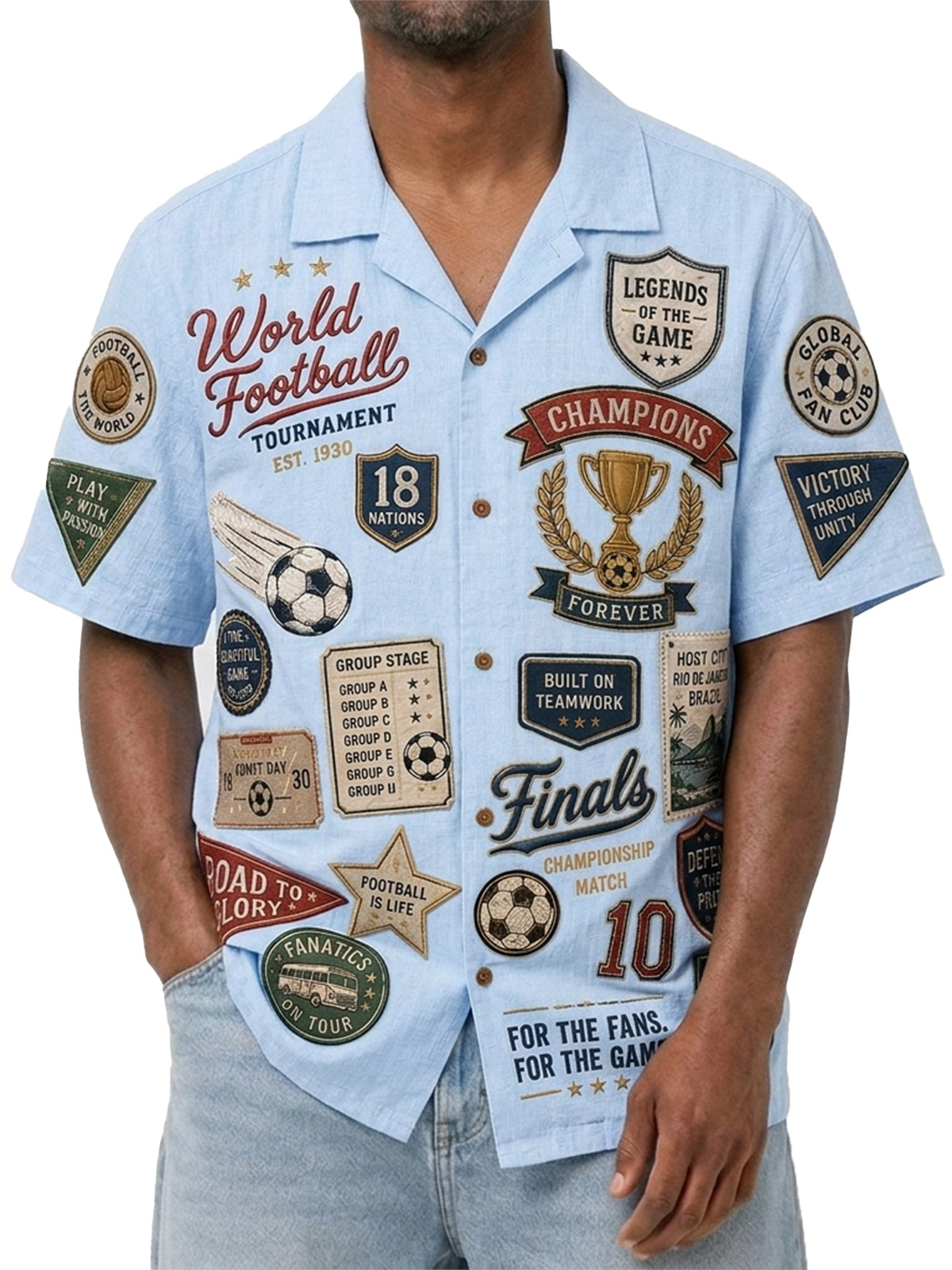 Men’s Light Blue World Football Tournament Patch Print Cuban Collar Shirt