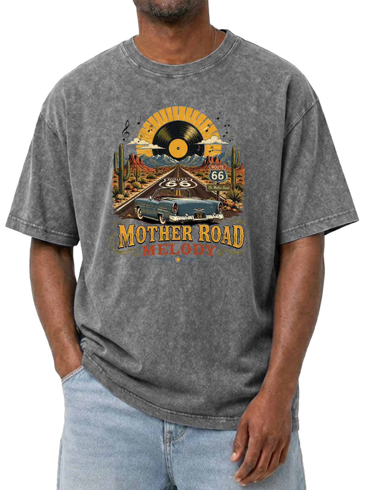 Vintage Mother Road Melody Printed Washed Short Sleeve T-shirt