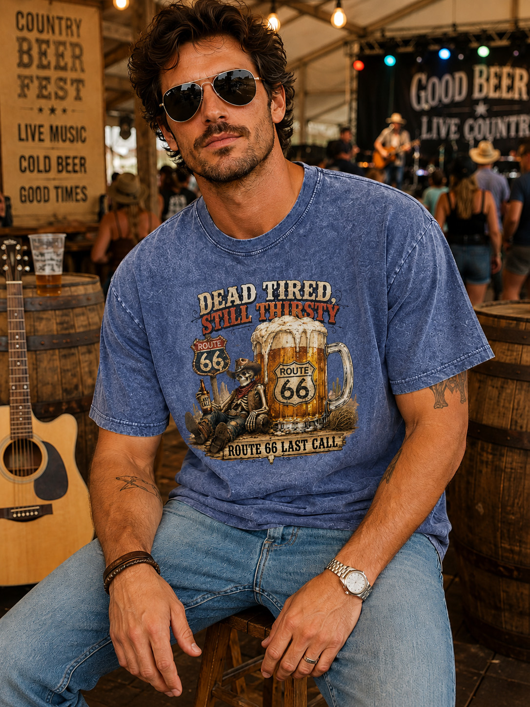 Vintage Fun Skull Beer Wash Cotton T-Shirt