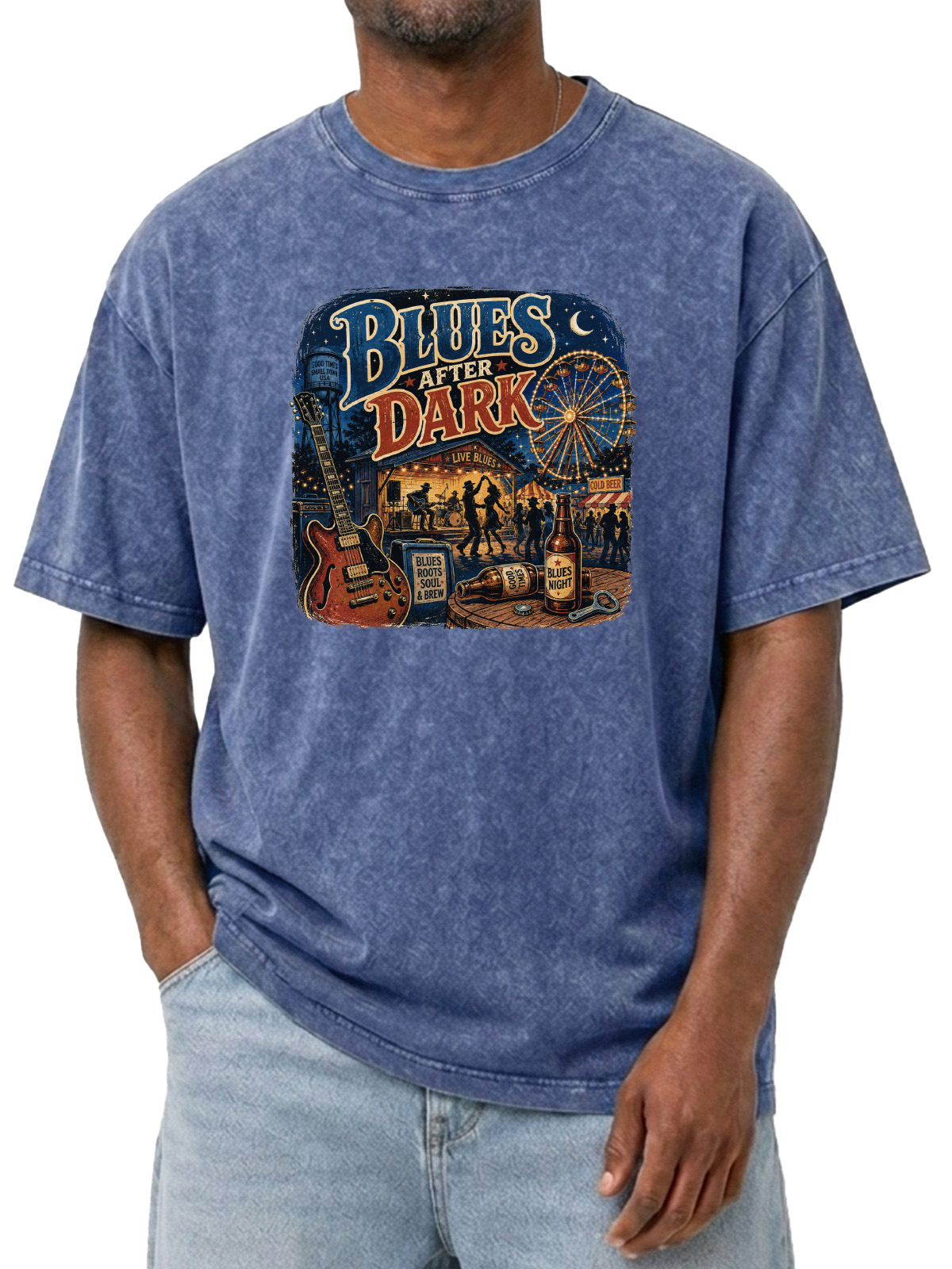 Vintage Blue After Dark  Printed Washed Short Sleeve T-Shirt