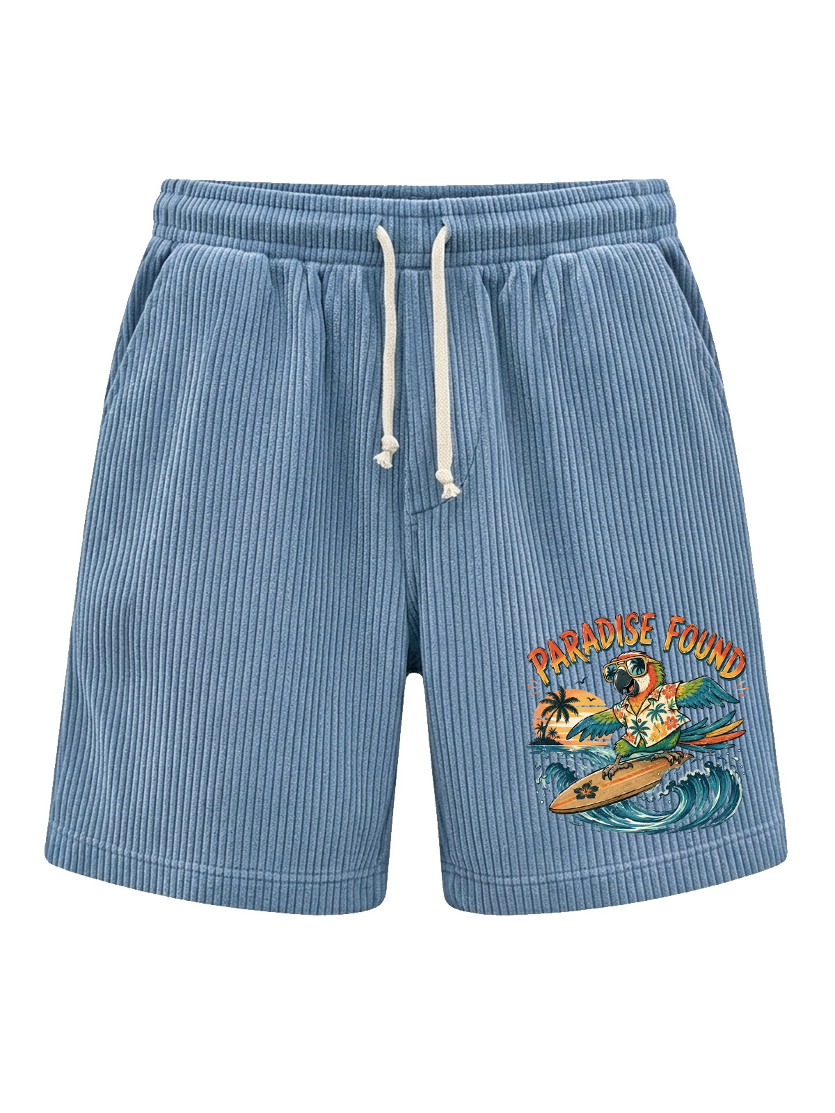 Men’s Corduroy Drawstring Shorts with Paradise Found Parrot Surf Graphic