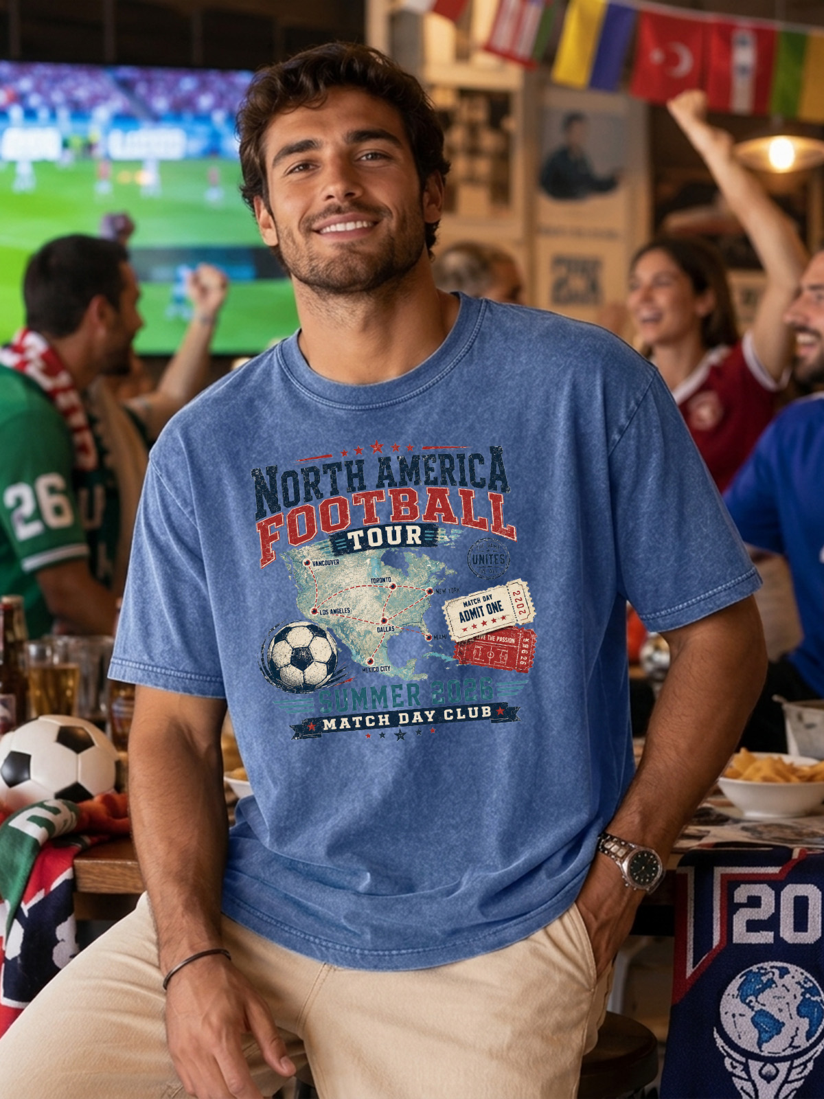 Men’s Vintage Washed Oversized T-Shirt with North America Football Tour Graphic