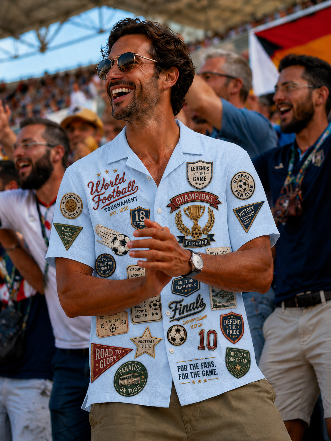 Men’s Light Blue World Football Tournament Patch Print Cuban Collar Shirt