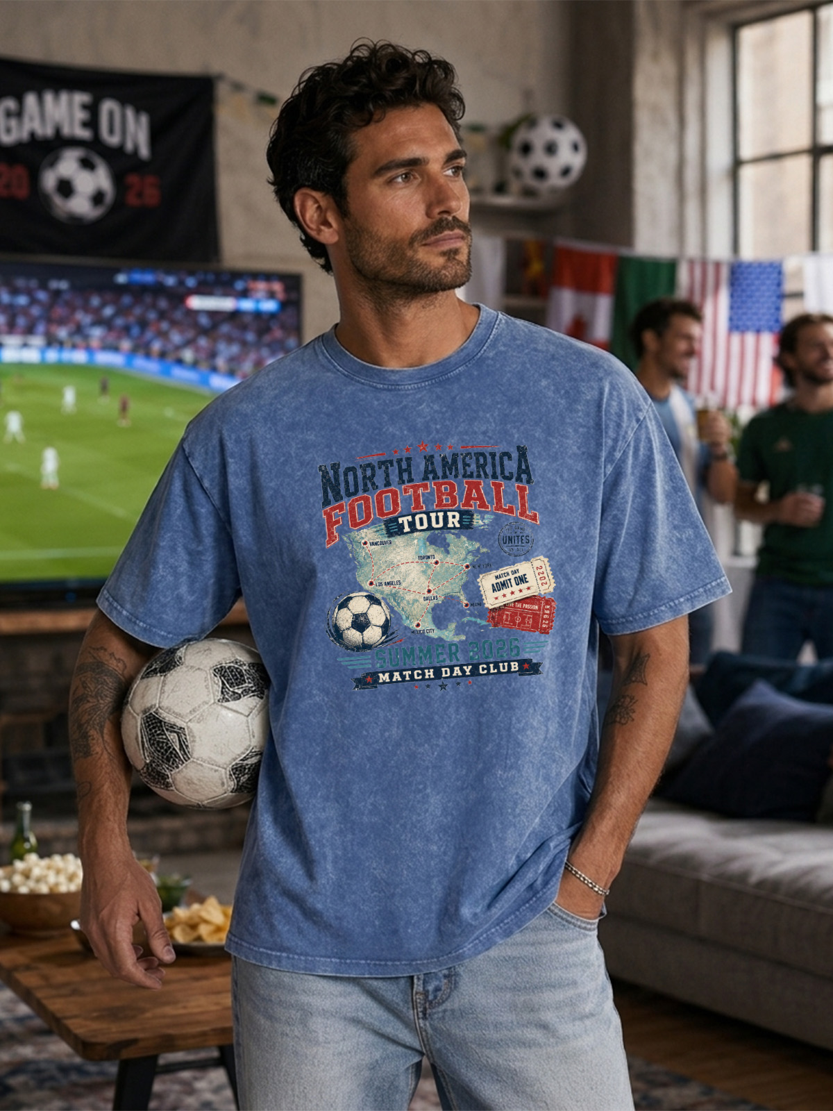 Men’s Vintage Washed Oversized T-Shirt with North America Football Tour Graphic