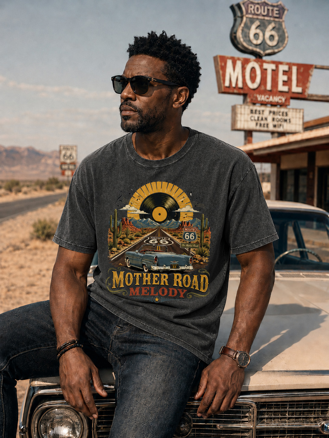 Vintage Mother Road Melody Printed Washed Short Sleeve T-shirt
