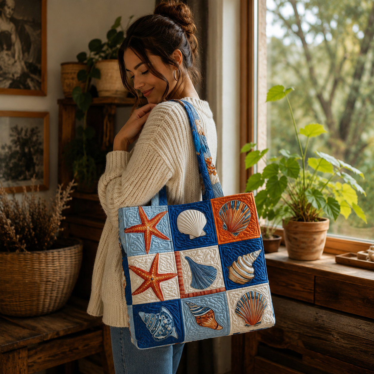 Starfish & Seashell Color-Block Quilted Tote Bag