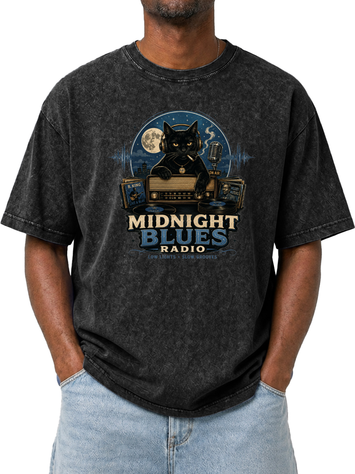 Vintage Midnight Blues Radio Printed Washed Short Sleeve T-Shirt