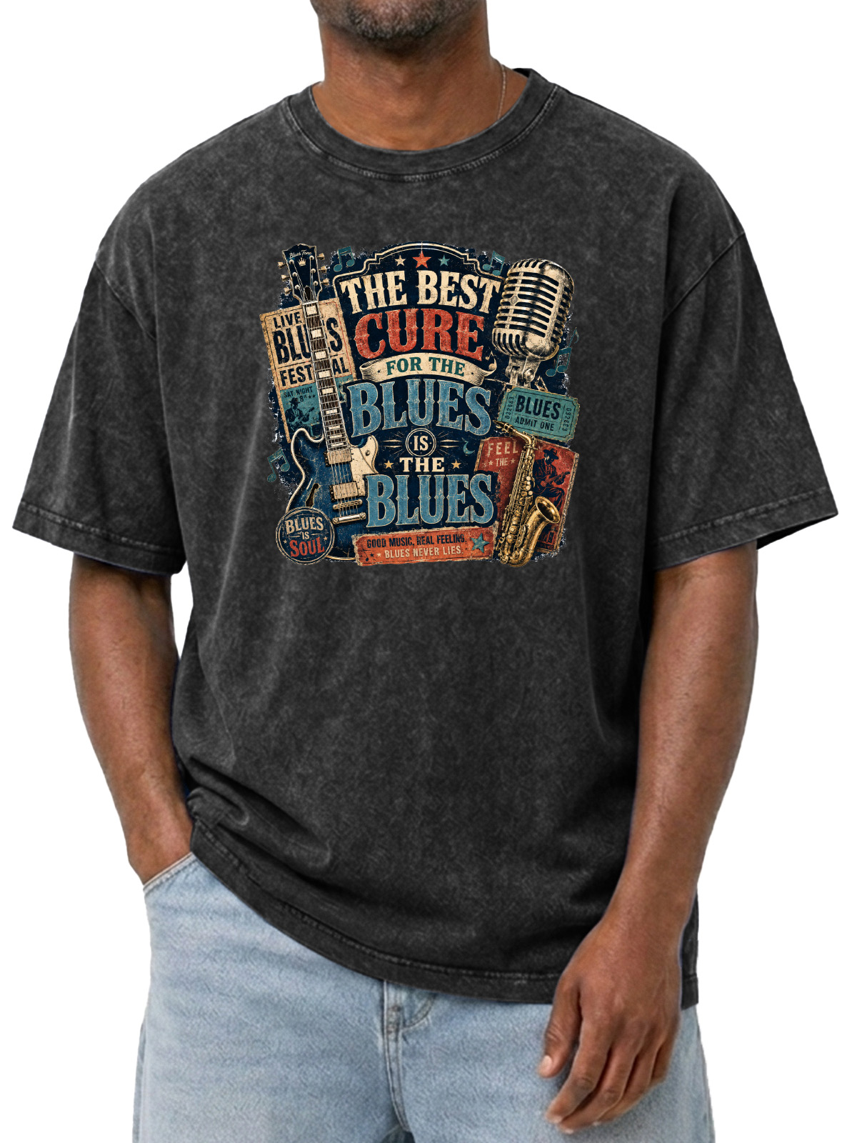 Vintage The Best Cure For The Blues Is The Blues Classic Printed Washed Short Sleeve T-Shirt