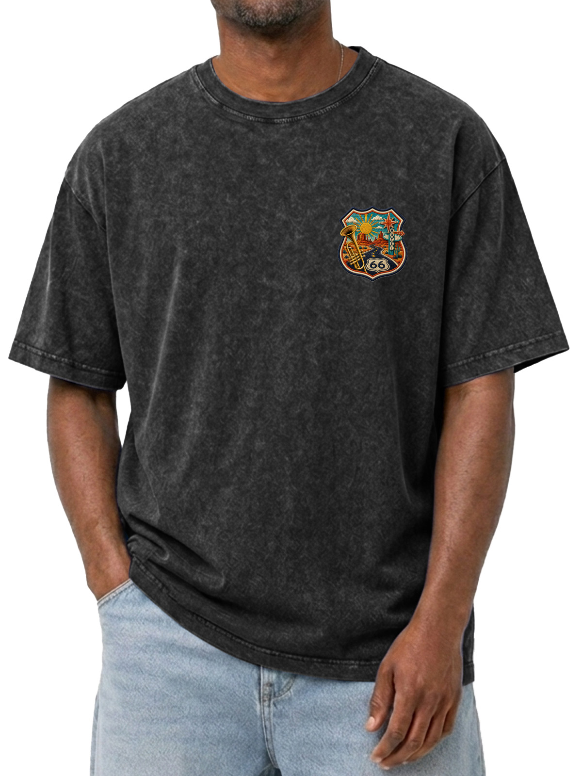 Vintage Route 66 Logo Printed Washed Short Sleeve Tee