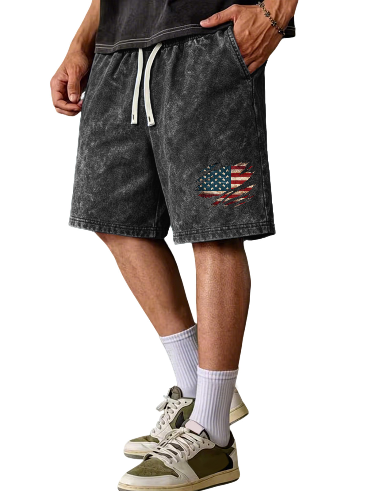 Simple Retro American Flag Washed Cotton Shorts