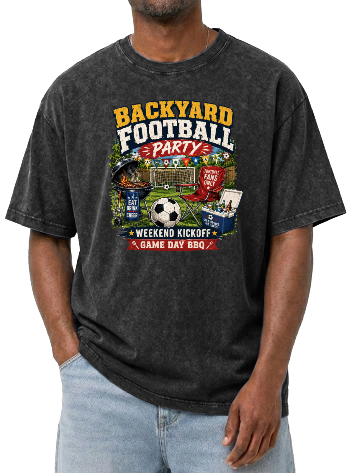 Men’s Vintage Washed Oversized T-Shirt with Backyard Football Party BBQ Graphic