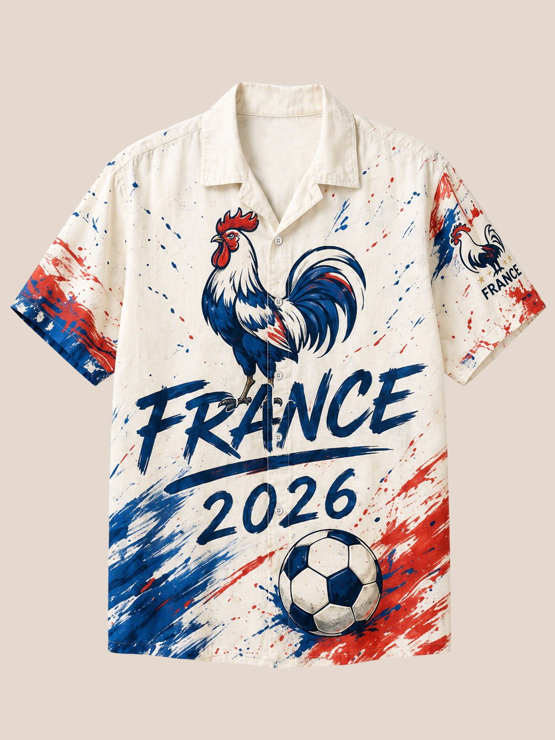 Men’s France 2026 Rooster Soccer Graphic Short Sleeve Button Down Shirt