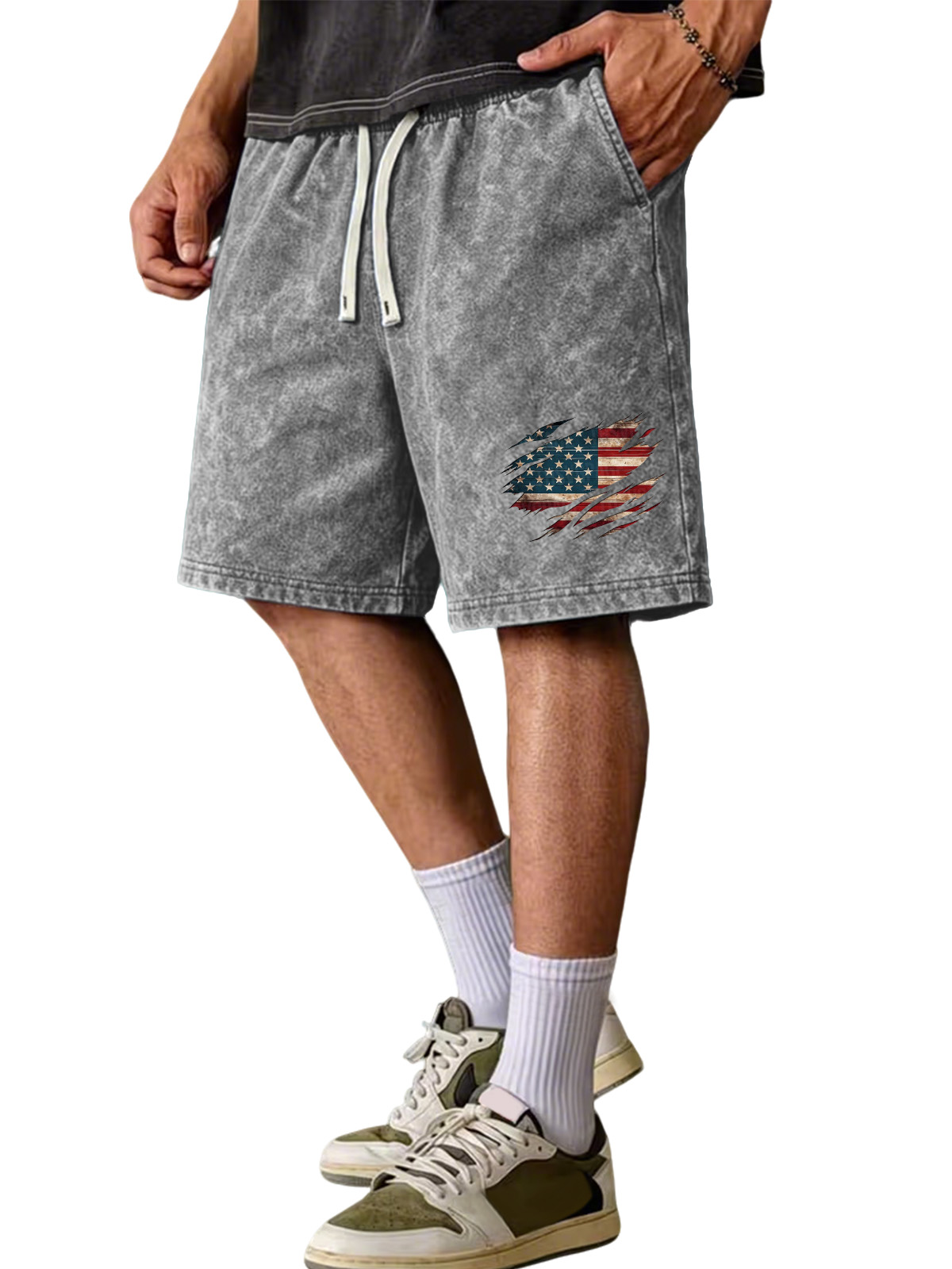 Simple Retro American Flag Washed Cotton Shorts
