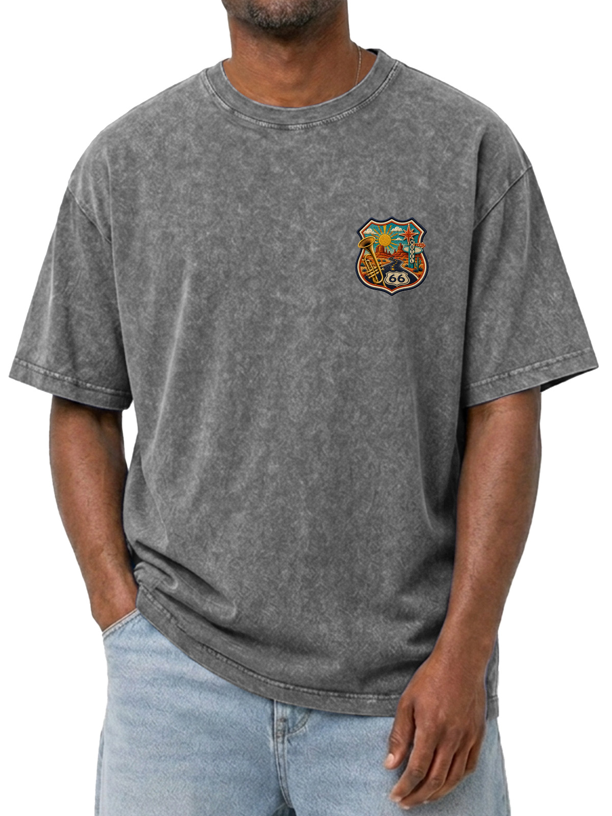 Vintage Route 66 Logo Printed Washed Short Sleeve Tee