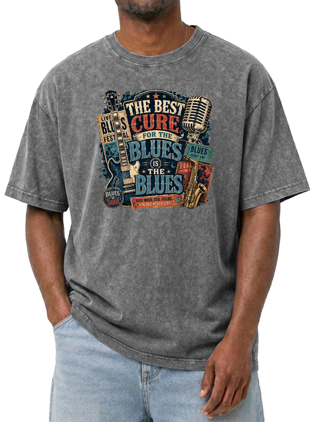 Vintage The Best Cure For The Blues Is The Blues Classic Printed Washed Short Sleeve T-Shirt