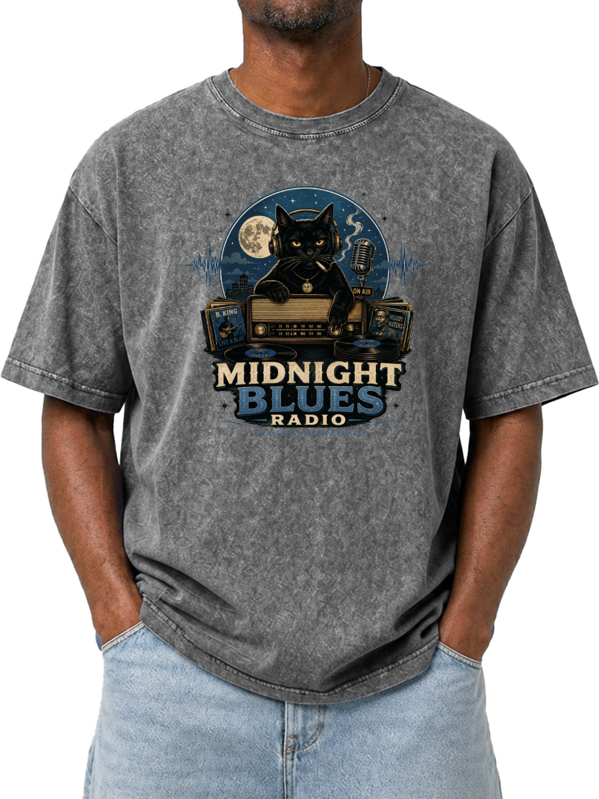 Vintage Midnight Blues Radio Printed Washed Short Sleeve T-Shirt