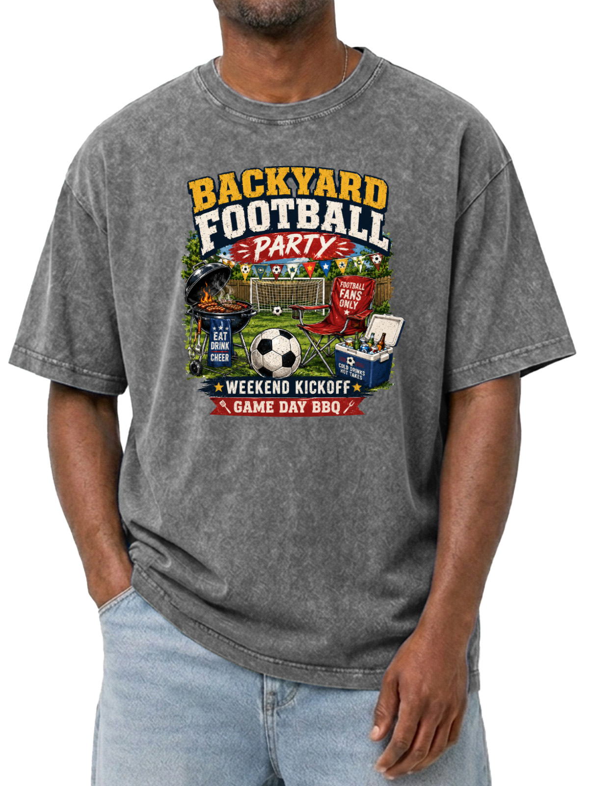 Men’s Vintage Washed Oversized T-Shirt with Backyard Football Party BBQ Graphic