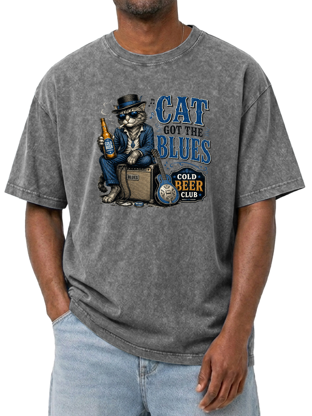 Fun Cat Got The Blues Wash Cotton Short Sleeves