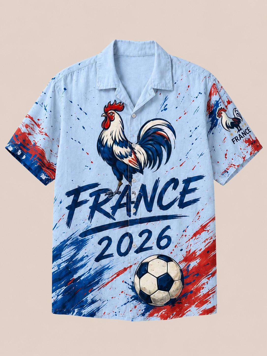 Men’s France 2026 Rooster Soccer Graphic Short Sleeve Button Down Shirt