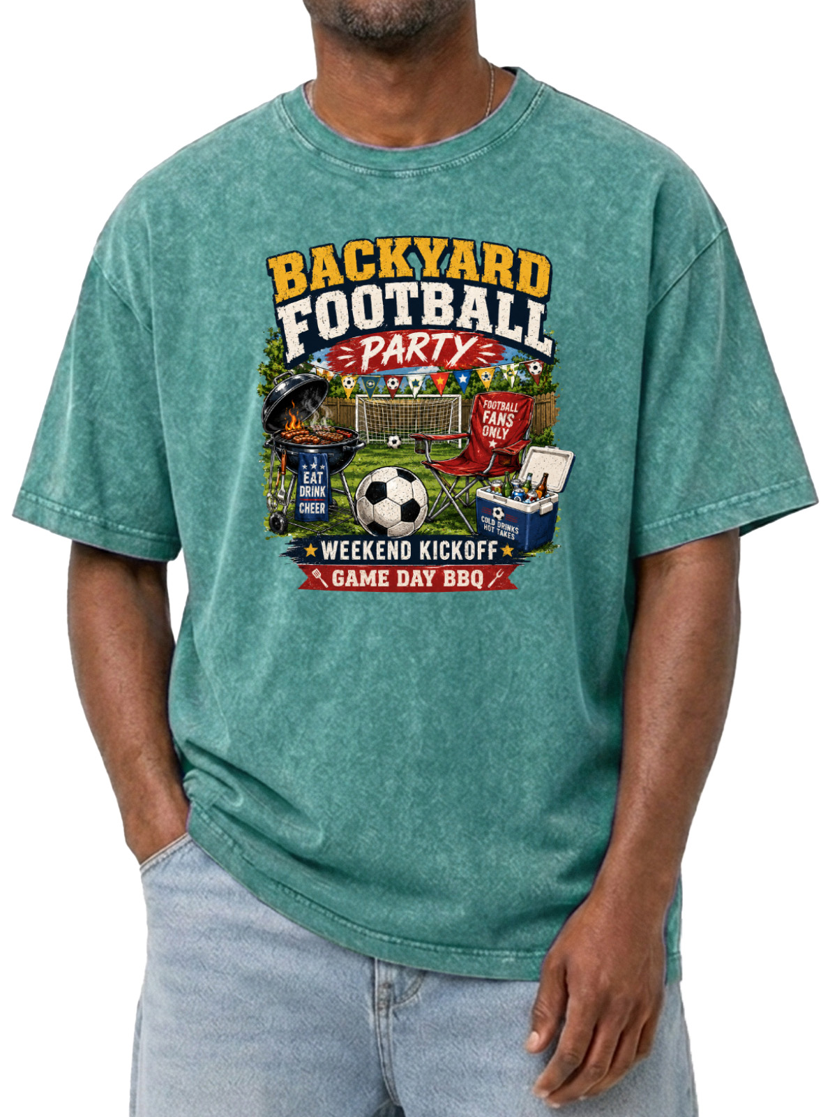Men’s Vintage Washed Oversized T-Shirt with Backyard Football Party BBQ Graphic