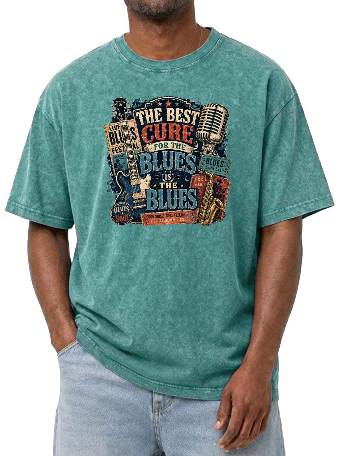 Vintage The Best Cure For The Blues Is The Blues Classic Printed Washed Short Sleeve T-Shirt
