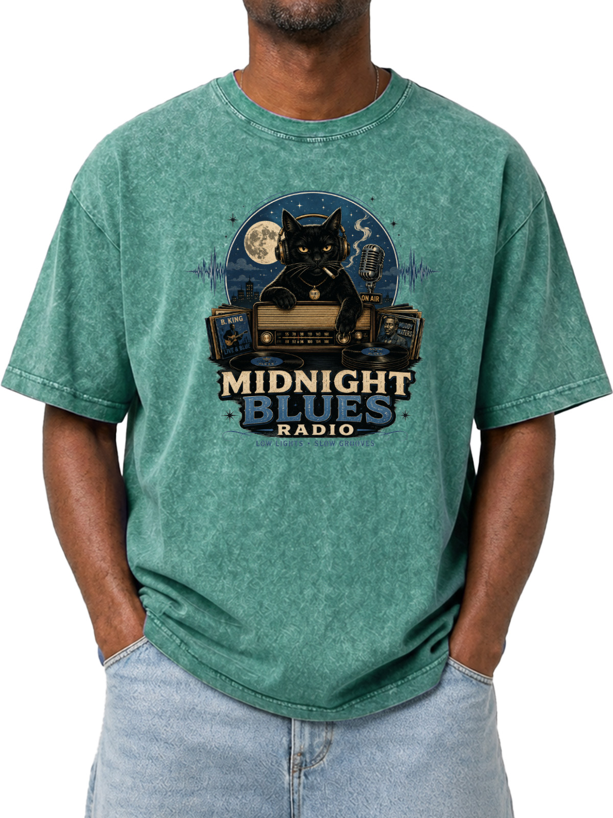 Vintage Midnight Blues Radio Printed Washed Short Sleeve T-Shirt