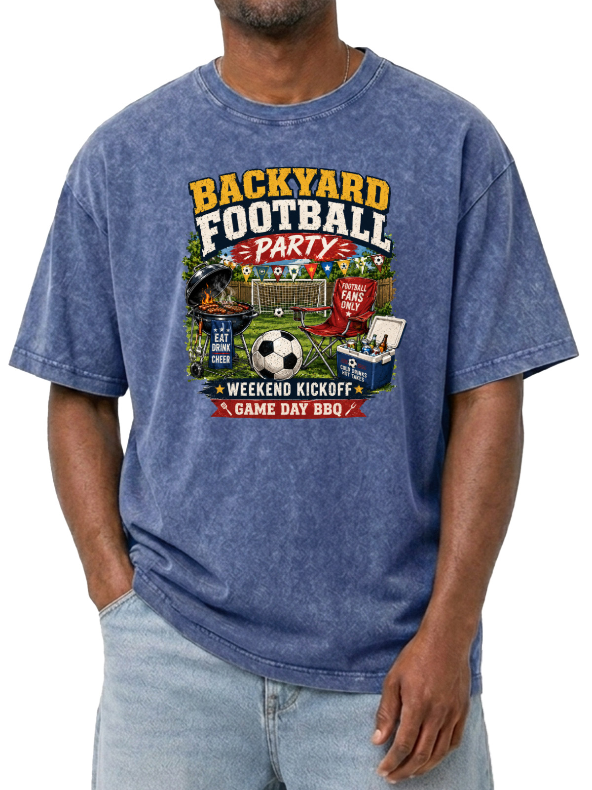 Men’s Vintage Washed Oversized T-Shirt with Backyard Football Party BBQ Graphic