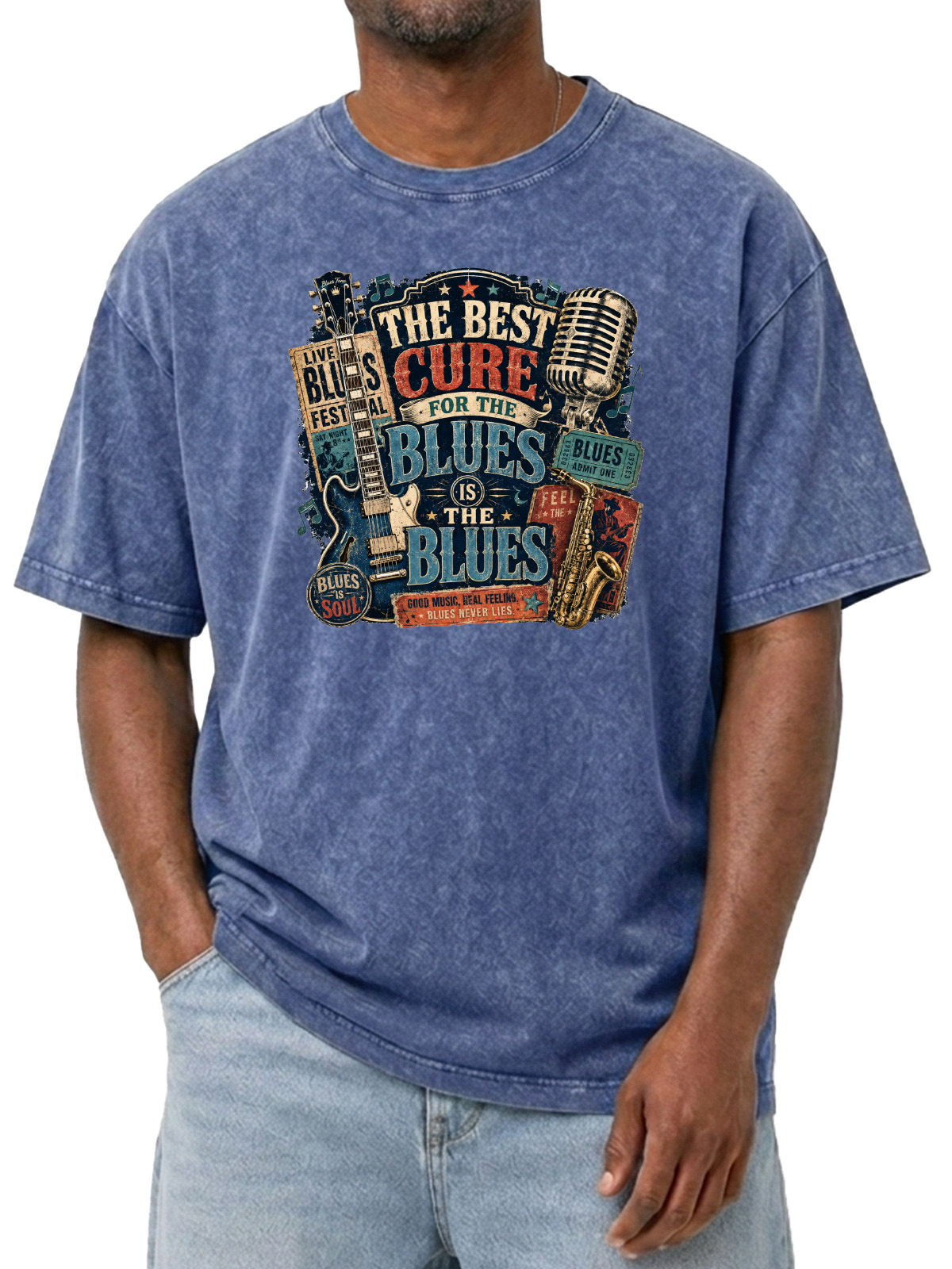 Vintage The Best Cure For The Blues Is The Blues Classic Printed Washed Short Sleeve T-Shirt