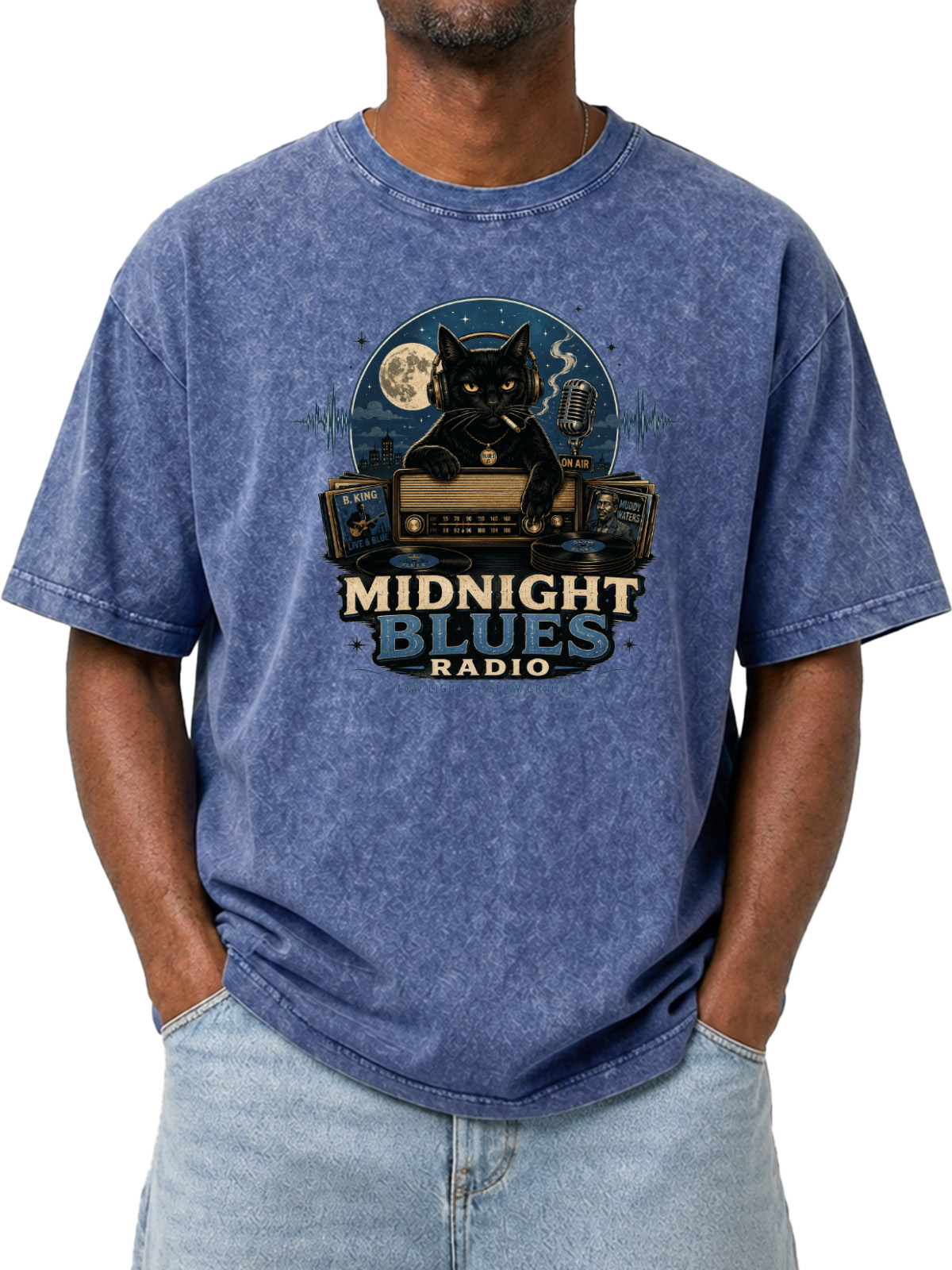 Vintage Midnight Blues Radio Printed Washed Short Sleeve T-Shirt