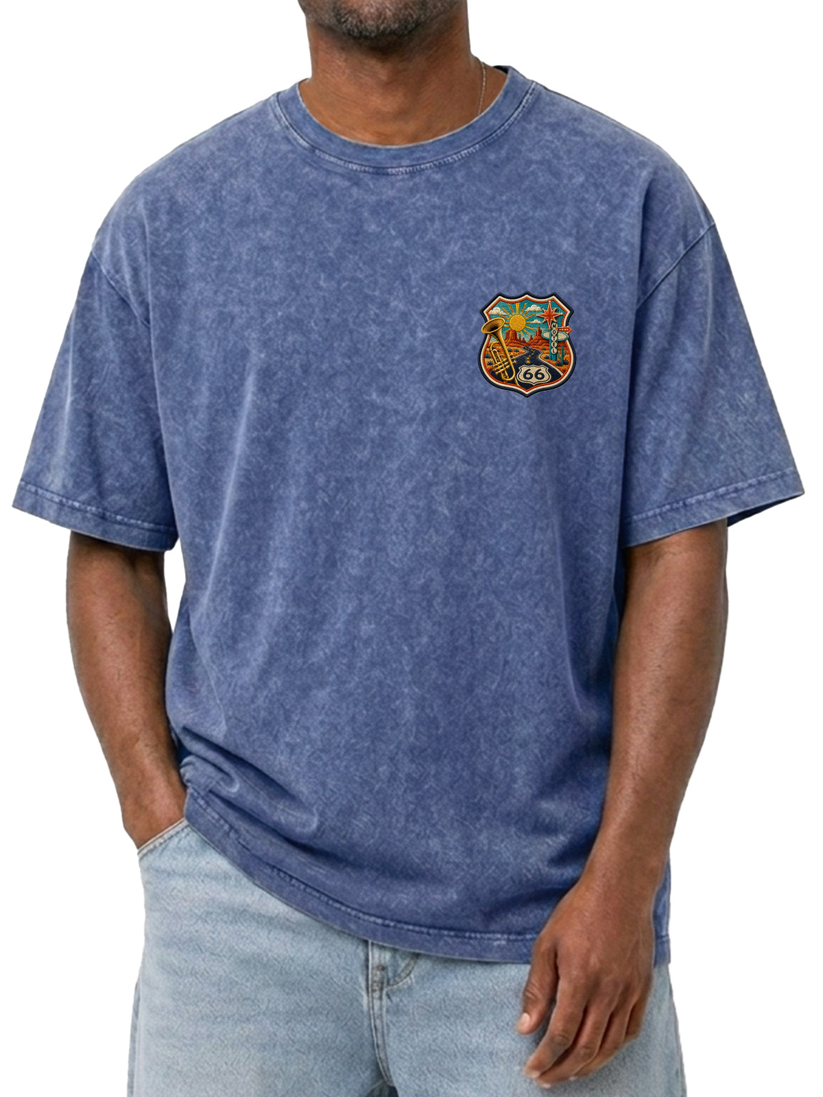 Vintage Route 66 Logo Printed Washed Short Sleeve Tee