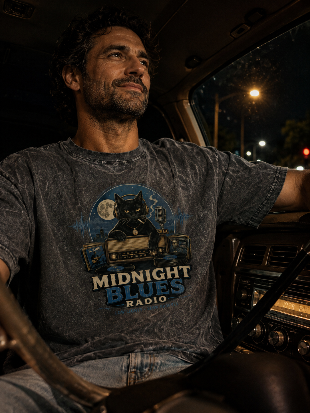 Vintage Midnight Blues Radio Printed Washed Short Sleeve T-Shirt