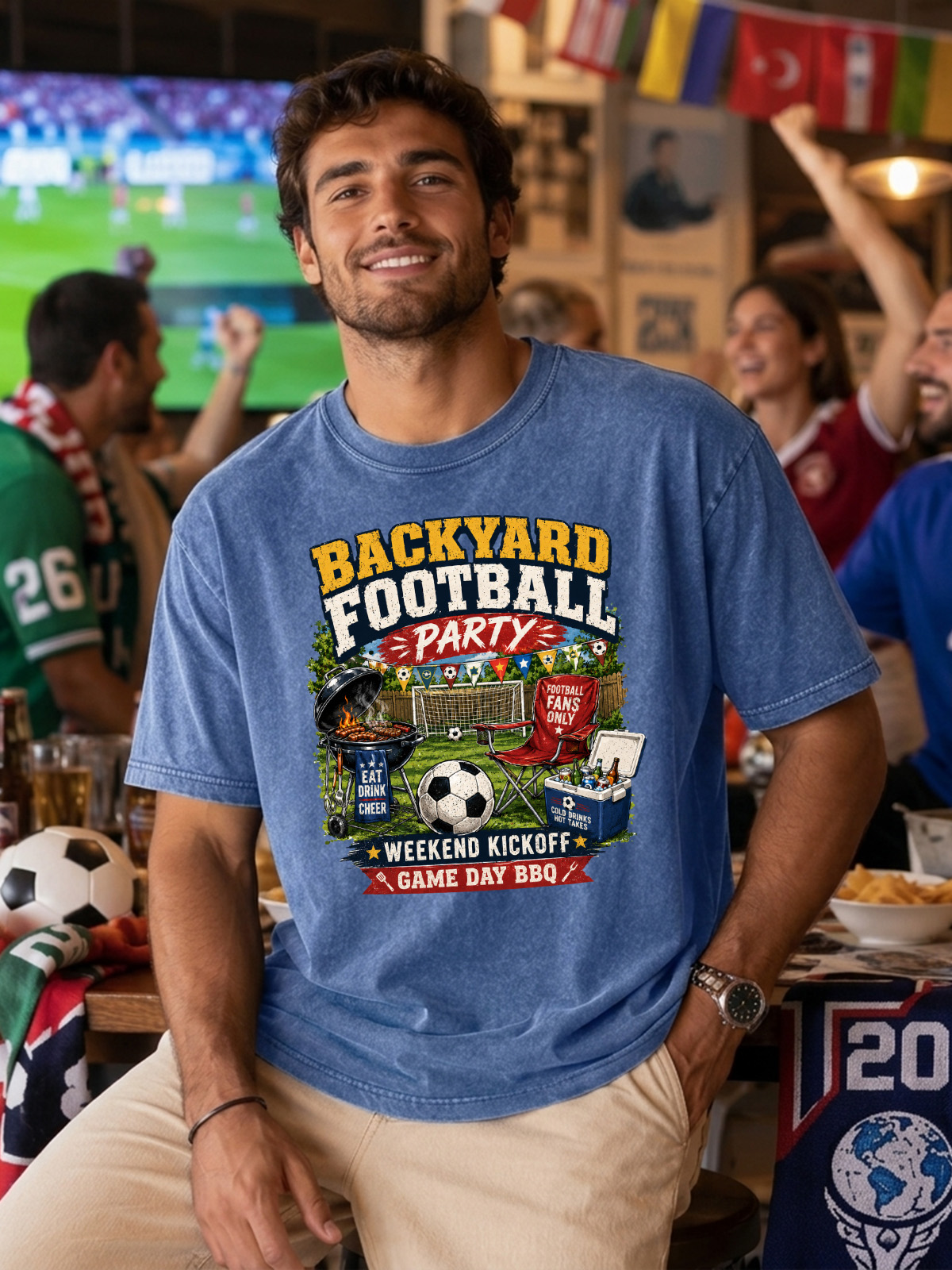 Men’s Vintage Washed Oversized T-Shirt with Backyard Football Party BBQ Graphic