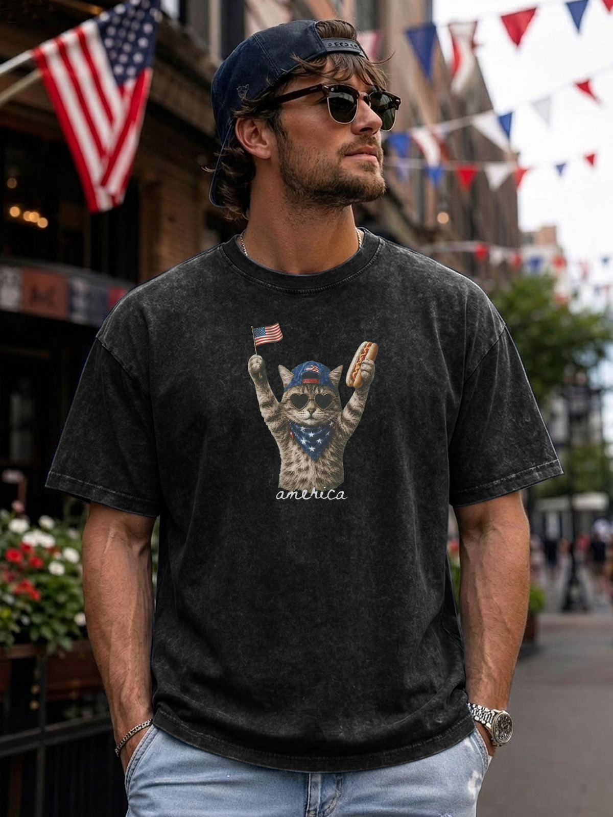 Fun Cute Cat Celebration Cotton Short Sleeve T-shirt