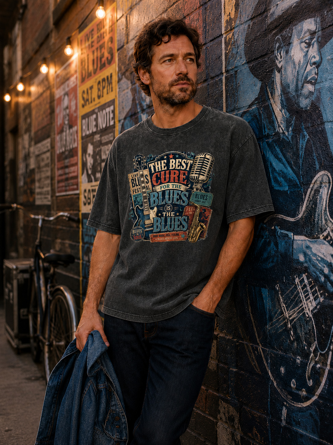 Vintage The Best Cure For The Blues Is The Blues Classic Printed Washed Short Sleeve T-Shirt