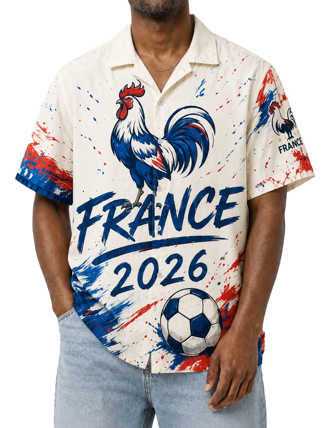Men’s France 2026 Rooster Soccer Graphic Short Sleeve Button Down Shirt