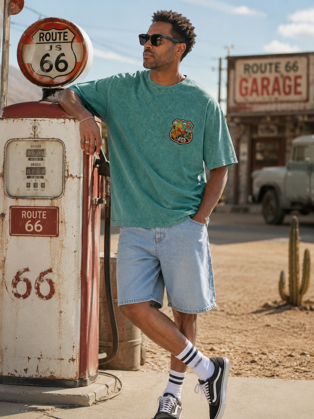 Vintage Route 66 Logo Printed Washed Short Sleeve Tee