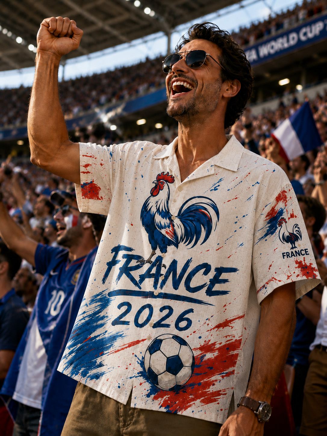Men’s France 2026 Rooster Soccer Graphic Short Sleeve Button Down Shirt