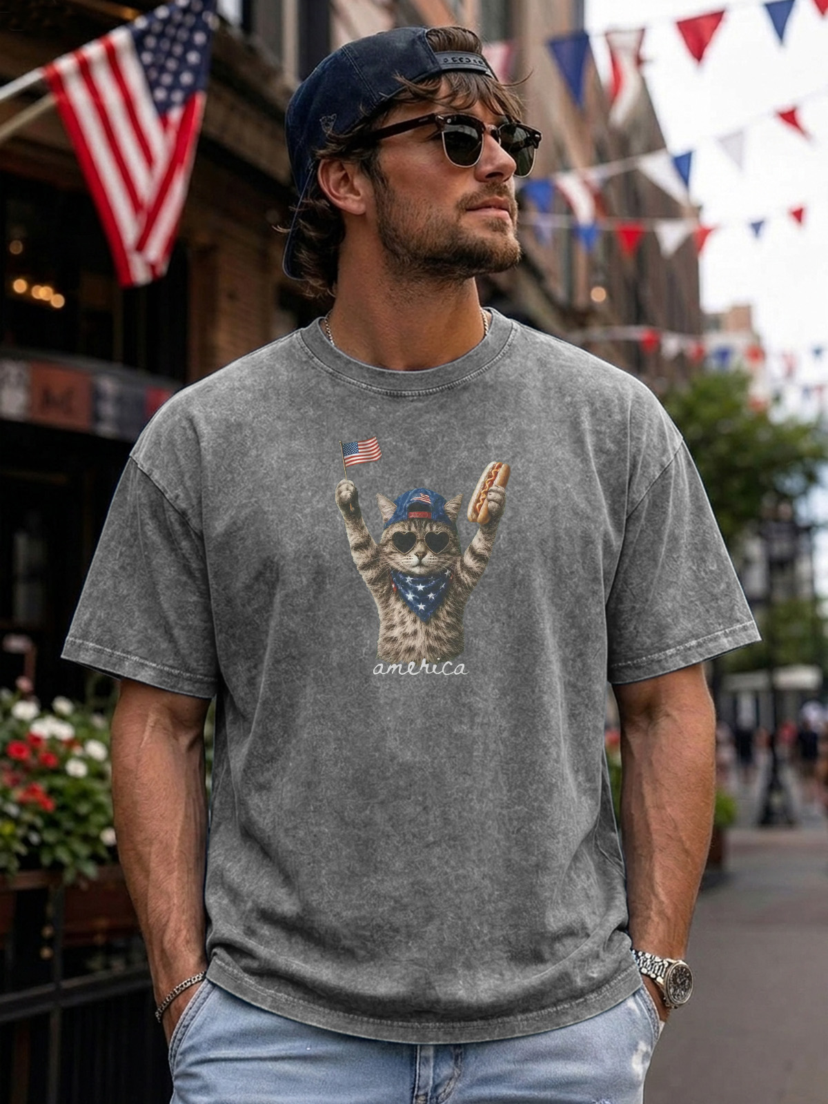 Fun Cute Cat Celebration Cotton Short Sleeve T-shirt