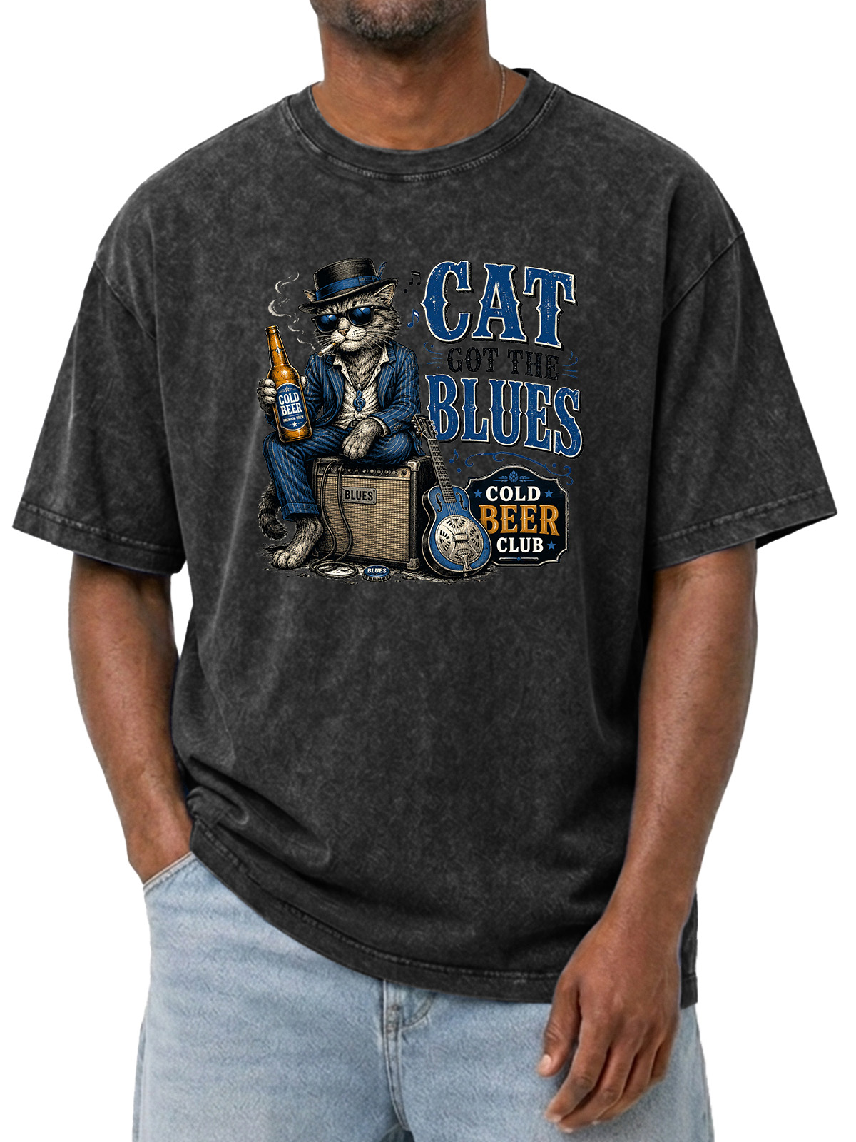 Fun Cat Got The Blues Wash Cotton Short Sleeves
