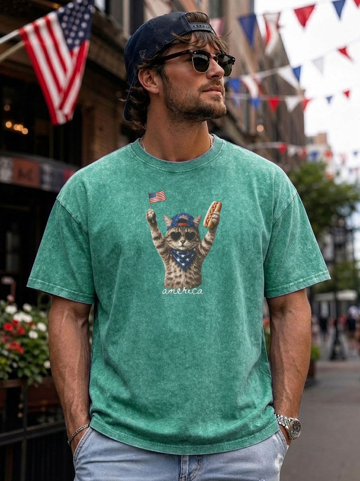 Fun Cute Cat Celebration Cotton Short Sleeve T-shirt
