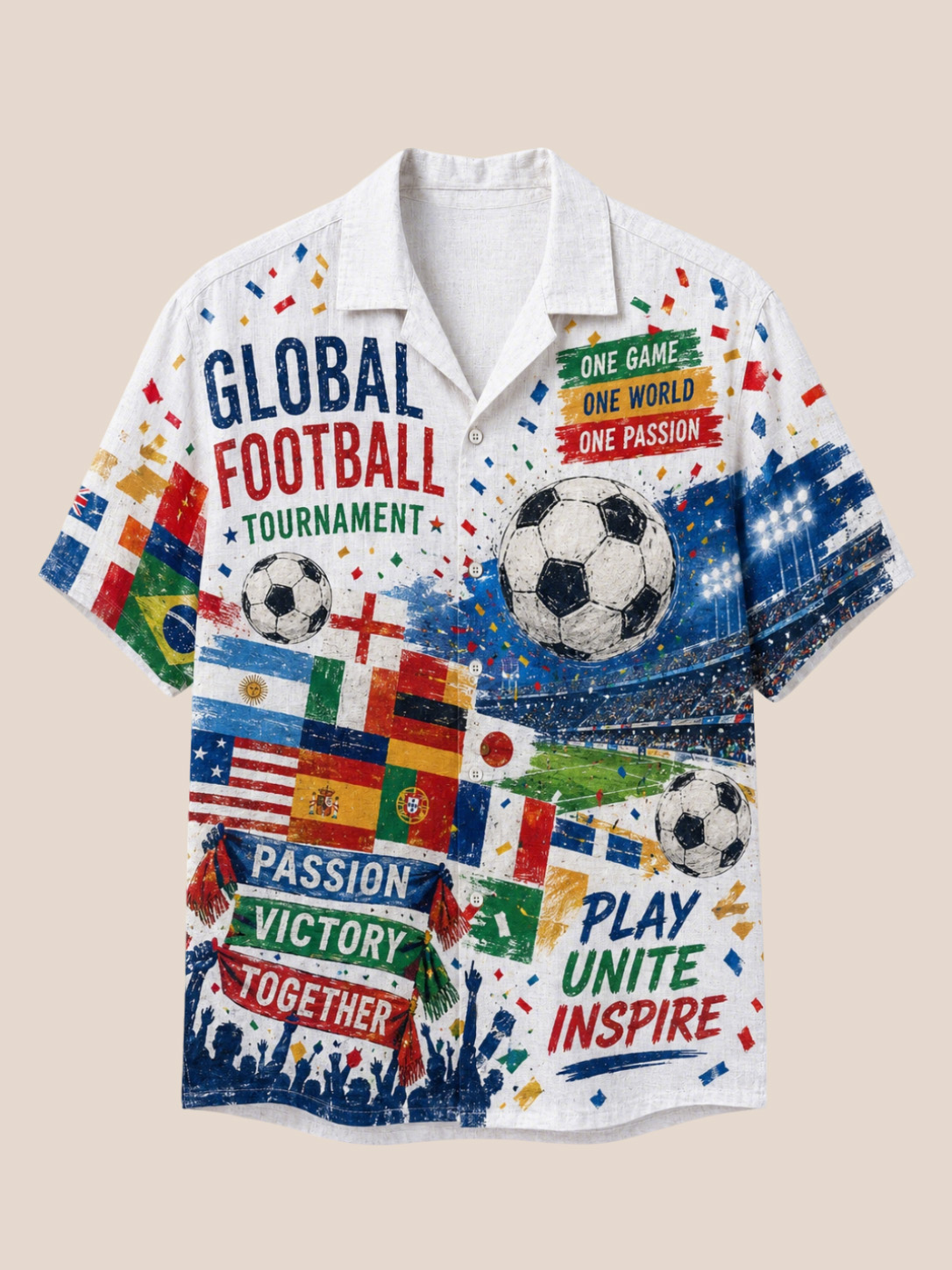 Men’s Global Football Tournament Stadium Print Cuban Collar Button Down Shirt