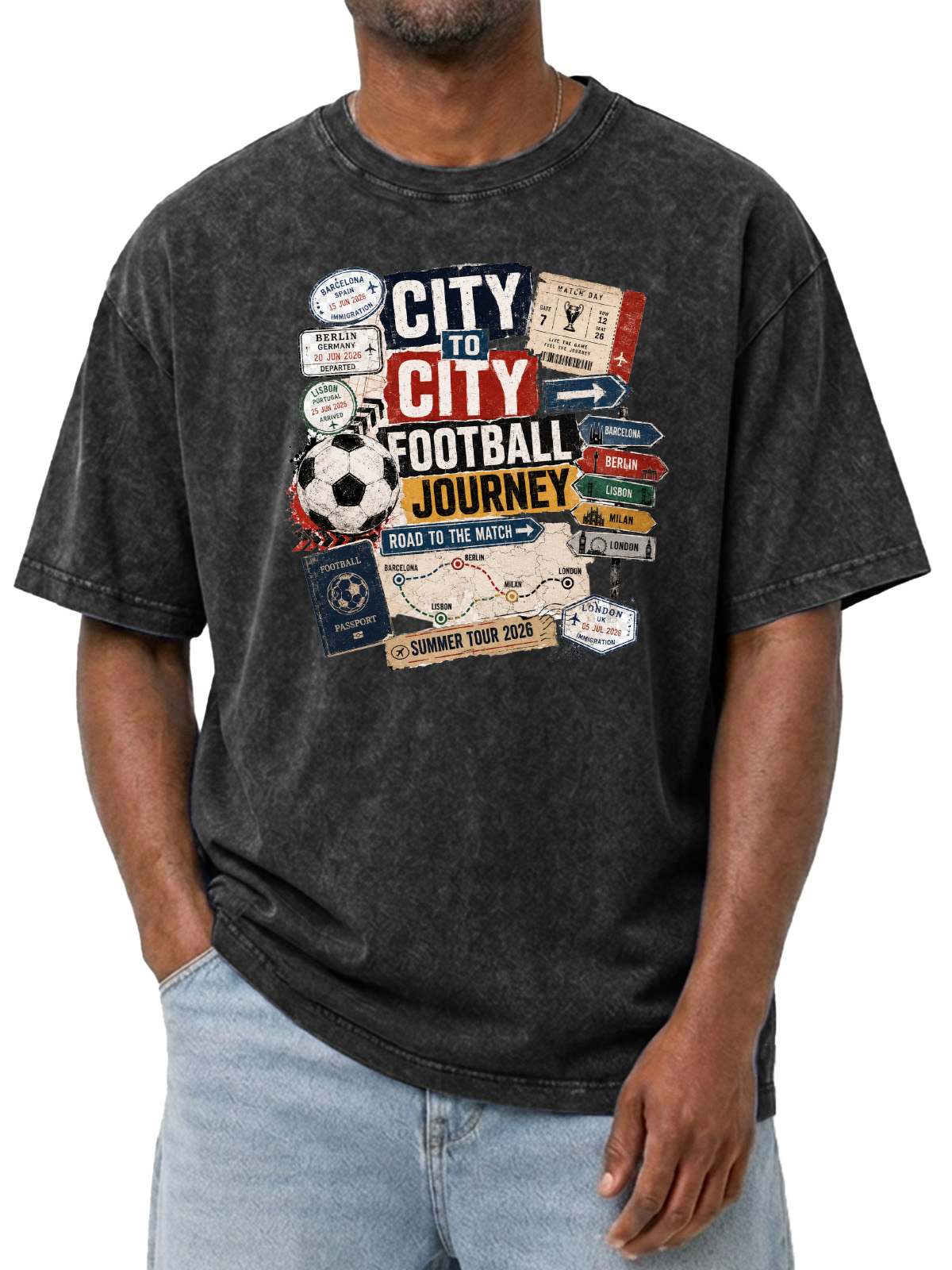Men’s Vintage Washed Oversized T-Shirt with City to City Football Journey Graphic