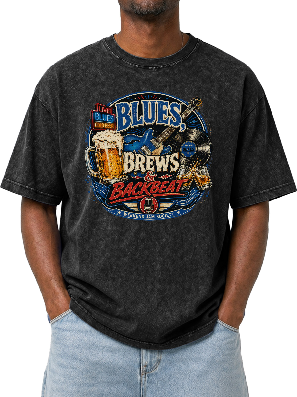 Blues Brews & Backbeat Printed Washed Short-Sleeve Tee