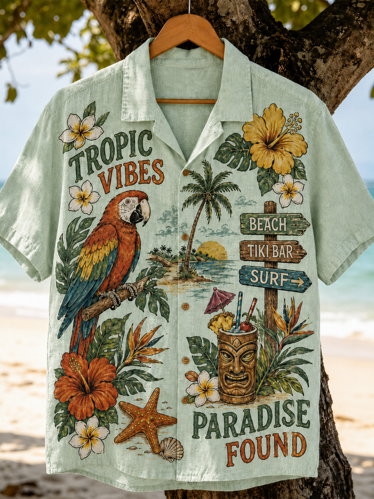 Men’s Tropical Vibes Parrot Paradise Graphic Camp Collar Shirt