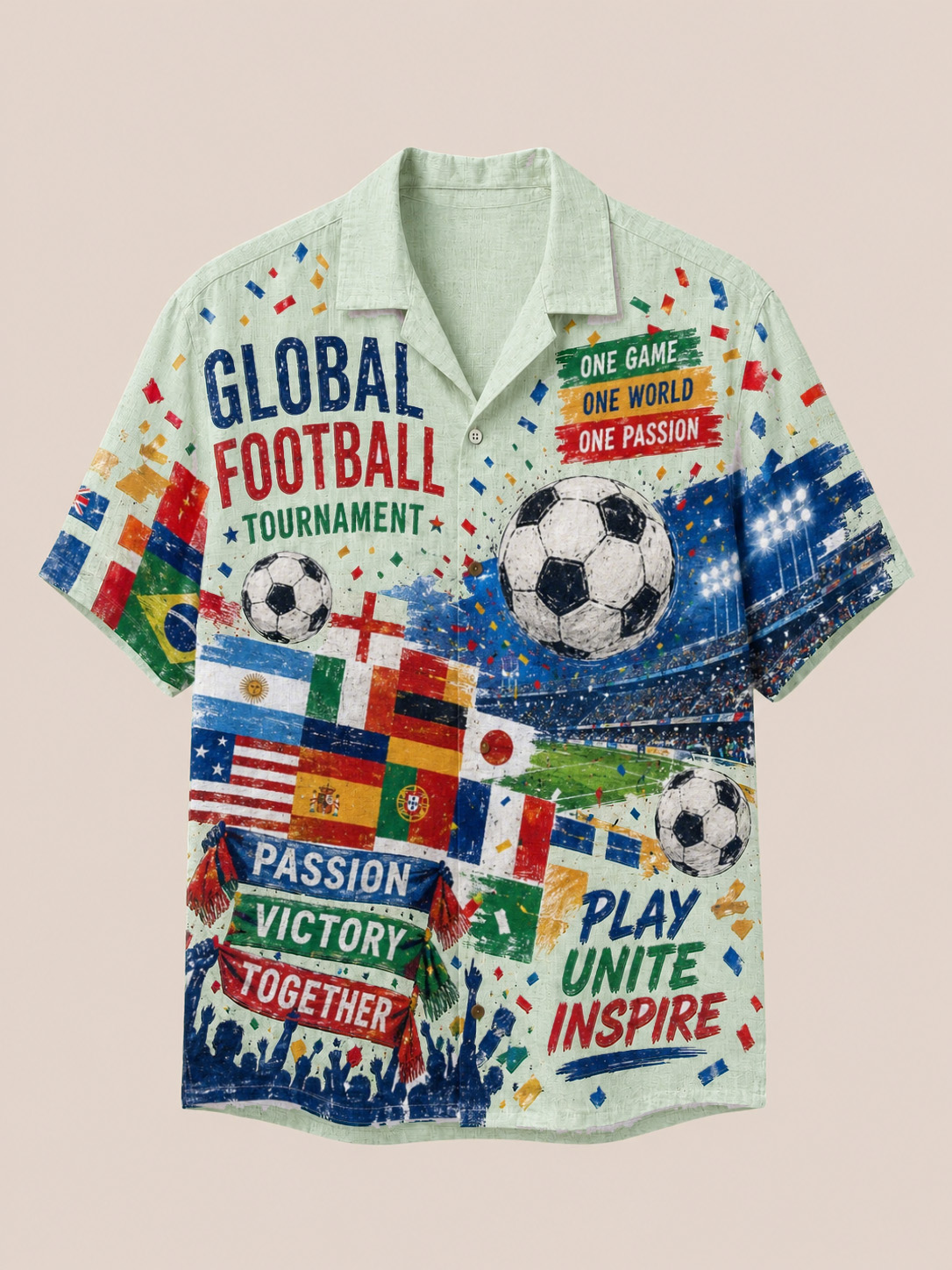 Men’s Global Football Tournament Stadium Print Cuban Collar Button Down Shirt