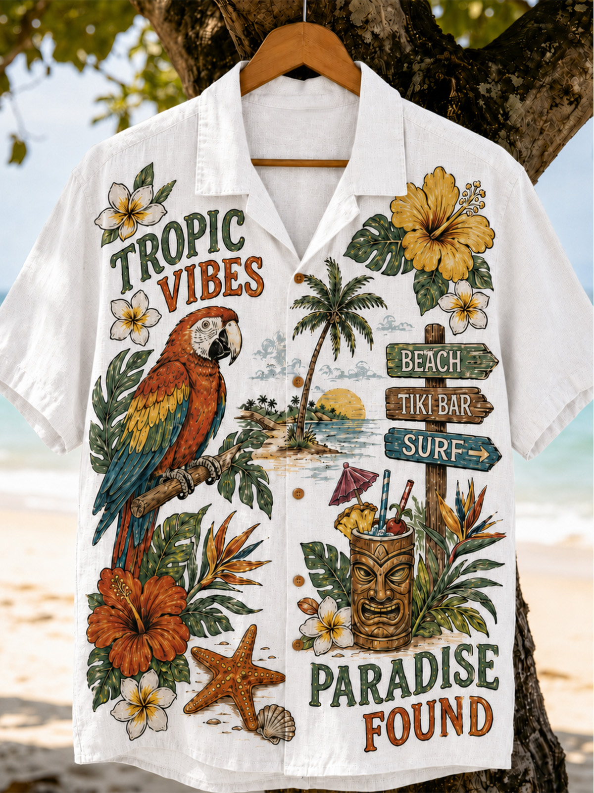 Men’s Tropical Vibes Parrot Paradise Graphic Camp Collar Shirt