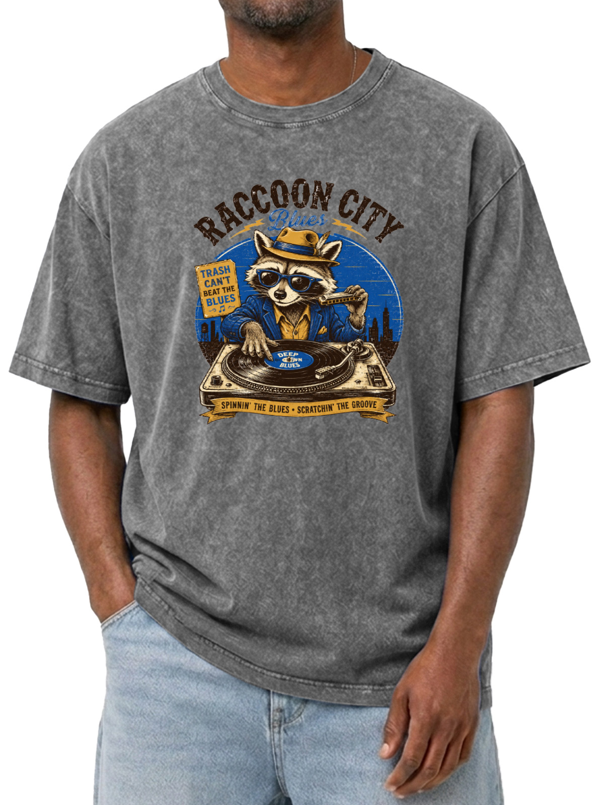 Fun Raccoon City Blues Printed Wash Short Sleeve T-Shirt