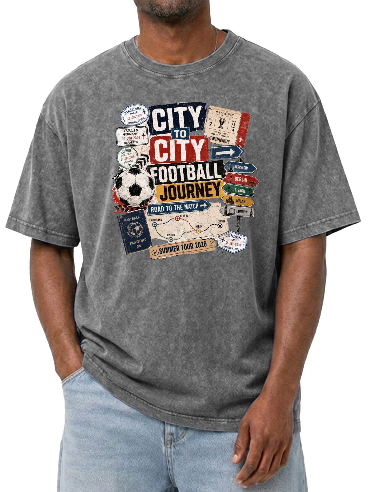 Men’s Vintage Washed Oversized T-Shirt with City to City Football Journey Graphic